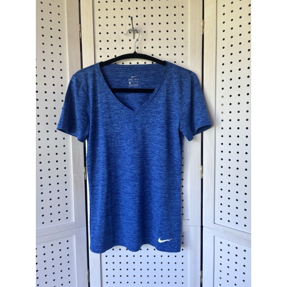 Nike Dri Fit Women's Small Blue V Neck Running Athletic Tee Shirt Swoosh Logo